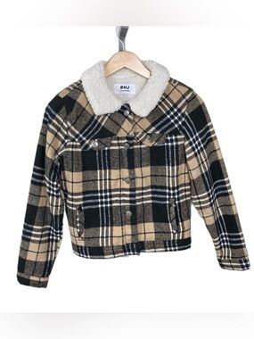 BHJ California Plaid Sherpa Collar Jacket Cropped Flannel Coat Button-Up Jacket